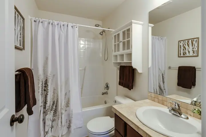 Baño de departamento con ducha, cortina, WC y vanitorio