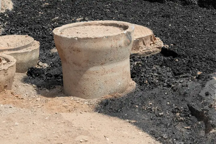 Cámaras de hormigón nuevas en una calle en obra