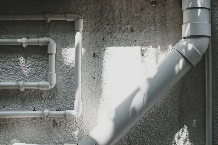 Cañería blanca de PVC en un muro