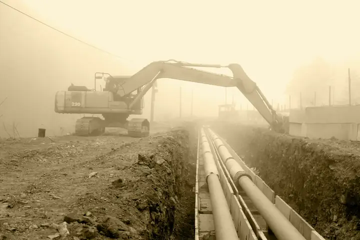 Tuberías en una zanja junto a una excavadora