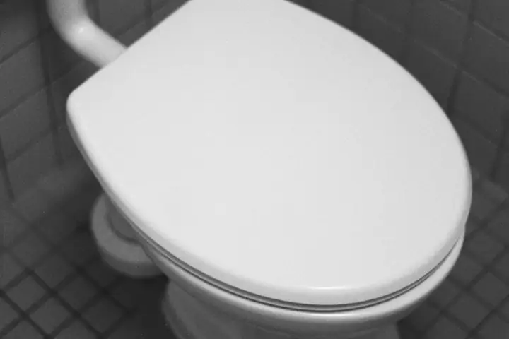 WC en un baño con azulejos grises